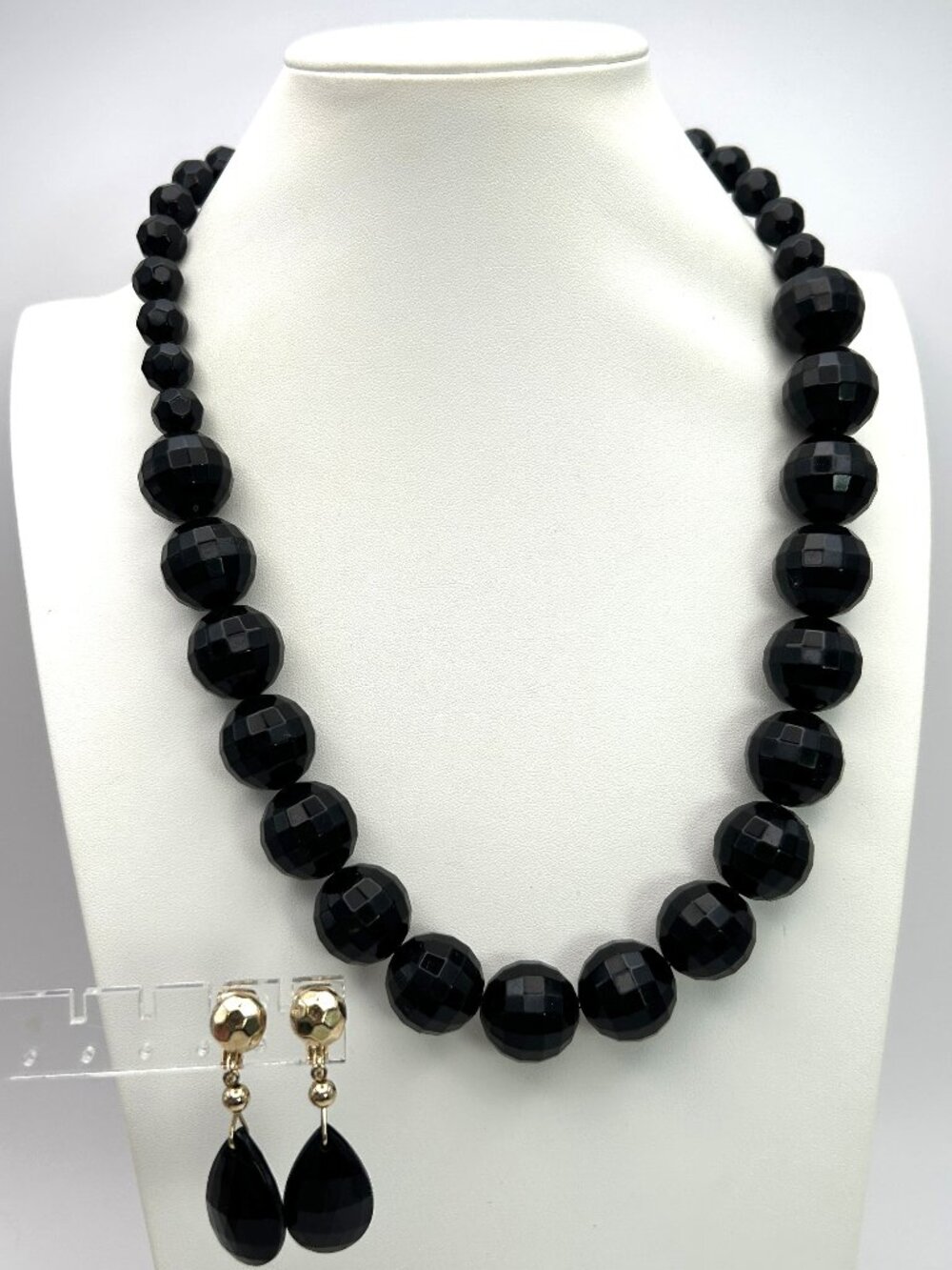 Black Statement Necklace Drop Earring Set Faceted Beads Formal Evening Signed
